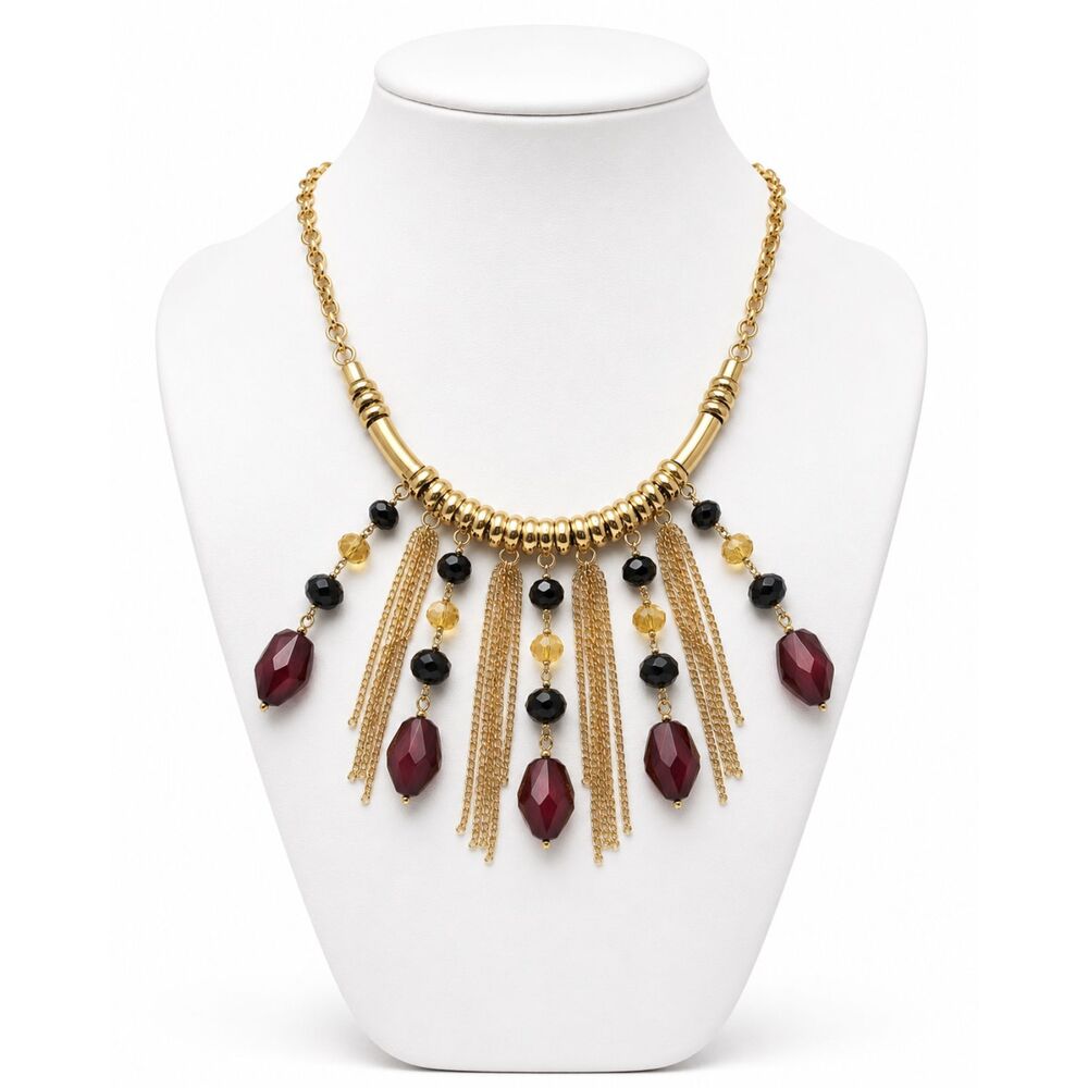 Erica Lyons Gold Tone Fringe Statement Bib‎ Necklace Burgundy Black NWT